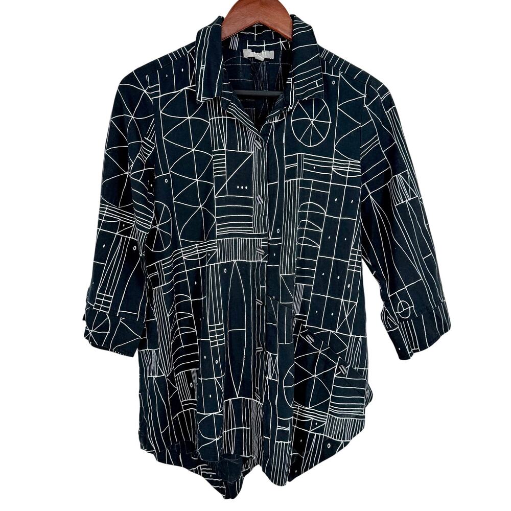 Habitat Sz XS Linen Blend Black White Wearable Art To Wear Blouse Shirt Top
